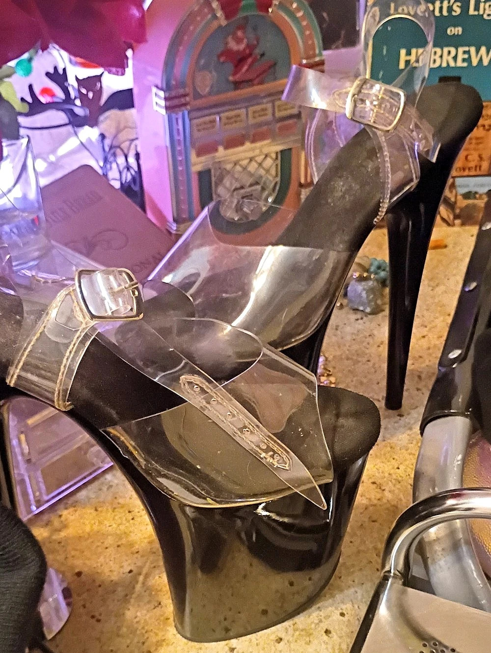 Pleaser Flamingo-808 Clear Strap Platform Heels Black & Clear US 9